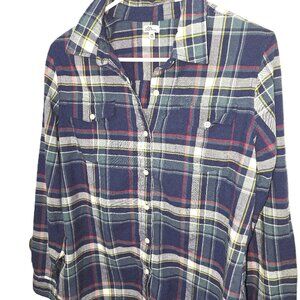 LL Bean Shirt Button Down Navy Green Red Yellow Plaid Size 14 Long Sleeve Preppy